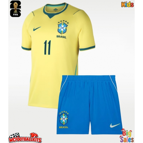 Brazil Raphinha Belloli #11 Replica Home Stadium Kit for Kids World Cup 2026 Short Sleeve (+ pants)